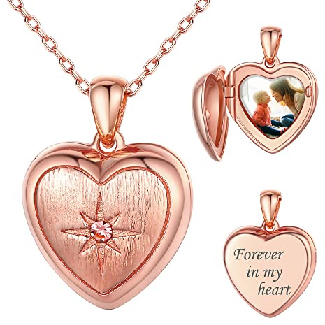 SILVERCUTE personalisiert Fotokette mit Geburtsstein Damen 925 Silber Herz Medaillon zum Öffnen Photo Bild Amulett Halskette Schmuck Rosegold vergoldet Schmuck für Weihnachten Valentinstag