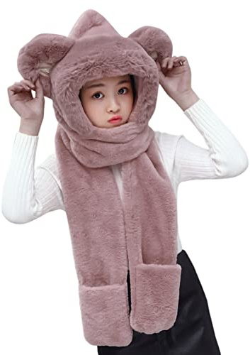 3 en 1 Enfant Bonnet Echarpe Gant Hiver en Peluche Chaud Mignon Chapeau d’Hiver Polaire pour Garcon Fille Tour de Cou Doux Épais Bonnet Bob d’Hiver Coupe-Vent pour Sport Ski 3-8 Ans