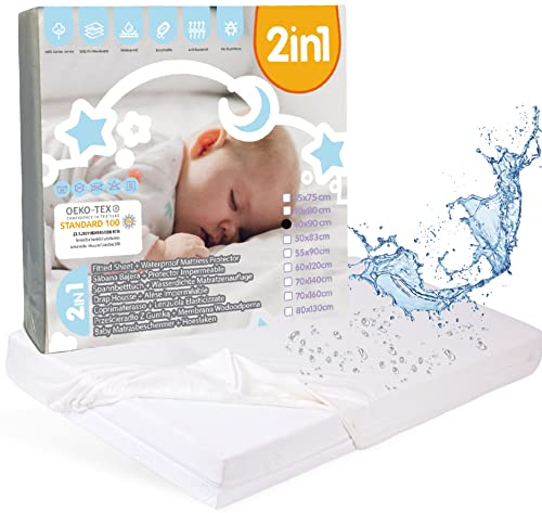 Bisoo Spannbettlaken 90x40 für Kinderwagen Beistellbett Babywiege - 2in1 Matratzenschoner 40x90 Baby Wasserdicht Spannbettlaken 100% Baumwolljersey Öko-Tex Zertifiziert - 1 Stück Weiß