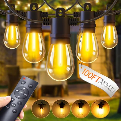 PBGMRT Outdoor Festoon Lights Mains Powered - 100ft/30m Outside String Lights 30+2 S14 LED Dimmable Bulbs with Remote, IP65 Waterproof for Patio Gazebo Pergola Garden Backyard