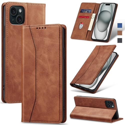 Jasonyu Skal för iPhone 15 Plus, Wallet PU Läder Fodral, Brun | Flippfodral, Magnetisk,Vikbart Skyddande,Stativfunktion,Kortfack, Stötsäker TPU