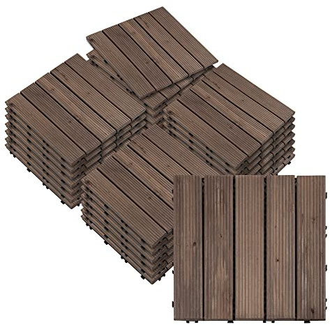 Outsunny 27 Pcs Solid Wood Interlocking Decking Tiles, Black