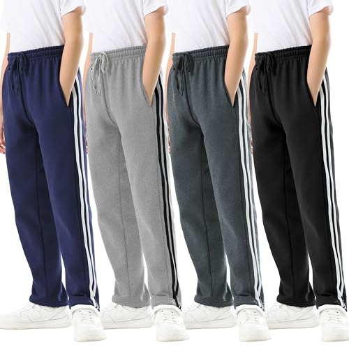 Rolimaka 4 Pcs Boys Sweatpants Soft Fleece Lined Open Bottom Youth Basic Athletic Joggers with Pockets Thermal Pants for Boys Black/Light Grey/Dark Grey/Blue XL