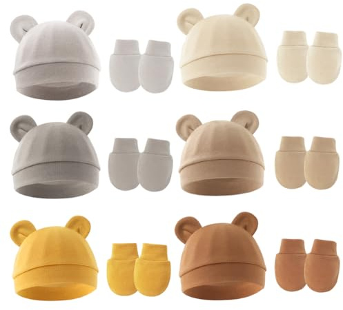 PythJooh Newborn Baby Hats and Mittens Set, Infant Baby Girl Boy 6 PCs Cotton Hospital Nursing Hats with 6 Pairs Anti-Scratch Mittens Set for 0-3Months