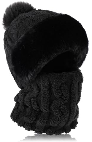 TAGVO Hiver Chaud Tricoté Bonnet Et Ensembles De Cache-Cou, Chapeau d'hiver Bonnet Tricoté en Tissu Polaire Thermique, Cagoule Coupe-Vent Masque De Ski Femme pour Sports de Plein Air