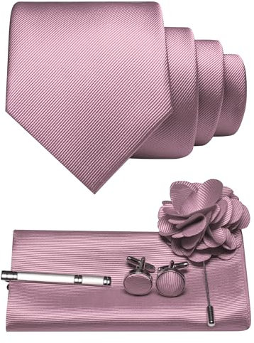 JEMYGINS Herren Krawatte aus Twill mit einfarbigem Design inklusive Pocket Square Manschettenknöpfen Krawattenklemme und Blütenbrosche Geschenkset für Partys Business Hochzeiten Dunkles Roségold