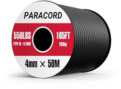 Paracord 4mm 50M - Paracord 550 Tipo III 9 Hebras, Cuerda y Cordón 100% Poliéster, para Camping/Supervivencia/Correa de Perro/Collar/Pulsera, Máx. 250 kg/550 lbs (Negro)