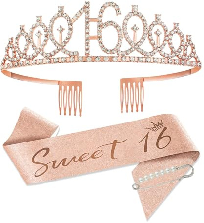 SCBOY 16 Ans Anniversaire Fille 16 Ans Miss Cadeau Birthday Girl Decoration Déco de Fête Inclut Couronne et Echarpe Rose Deco Anniversaire