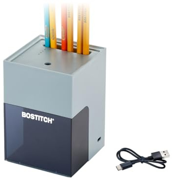 Bostitch Konnect Rechargeable Pencil Sharpener (USB-C), Auto-Stop Helical Cutter, Portable Electric Sharpener for No.2/Colored Pencils, Home, Office, Classroom, Gray