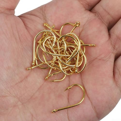 Gdfnmogo Lot de 500 hameçons dorés en acier à haute teneur en carbone pour pêcheurs et pointes de crochet solides avec anneau à poignée lisse, compatible