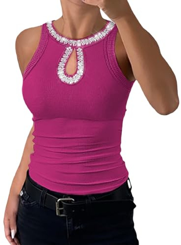 Strass topp kvinnor, paljetttopp Y2K, mode urholkade halterneck toppar, avslappnad smal passform linne lätt ärmlös väst toppar enfärgade glittrande västar för fest, Rosa (Hot Pink), M