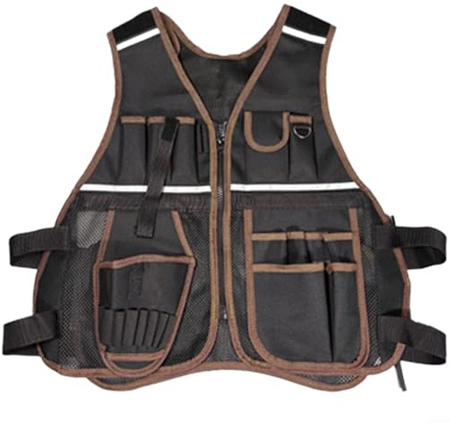 HEIBTENY Gilet per attrezzi da falegname, in tessuto Oxford 600D, con tasche multiple, cinghie regolabili traspiranti, strisce riflettenti, per riparazioni (marrone)