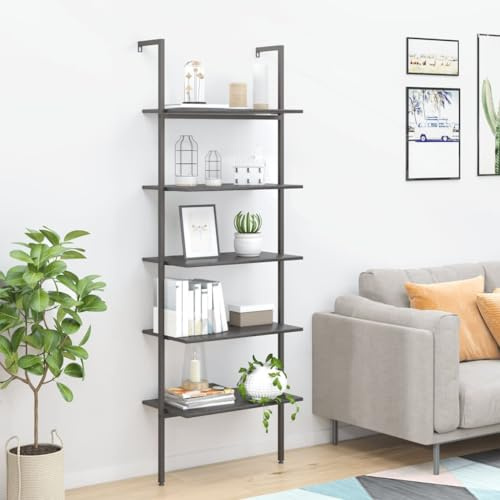 Xuvaracle Steghylla med 5 golv, svart, 64 x 35 x 185 cm för vardagsrum, kontor, barnrum, vägghylla, förvaringsförvaring, arrangör med stabil stålkonstruktion och praktisk stödfunktion