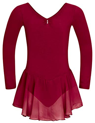 tanzmuster ® Ballettkleid Mädchen Langarm - Anna - aus weichem Baumwollstoff mit Glitzersteinen und Chiffon Röckchen fürs Kinder Ballett Ballettbodyin burgunder, Größe:128/134