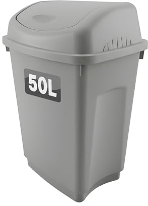 Optimal Products 50 Litre Plastic Swing Bins Home Garage Swing Top Rubbish Waste Bin Office Bedroom Kitchen Paper Dustbin Trash Bin Swing Lid Garden Recycle Bins Silver
