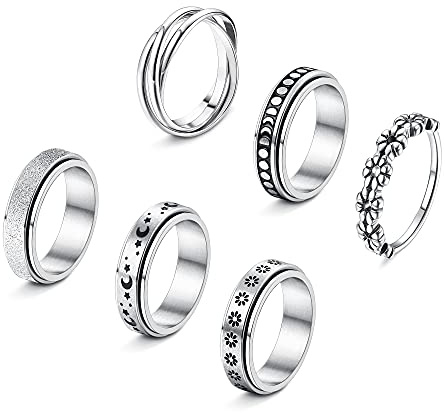 FUNRUN JEWELRY 6 st spinner ring i rostfritt stål för kvinnor män fidget band ringar stressavlastning månsten ring tusensköna blomma ring set 6-11, Metall, inte känd