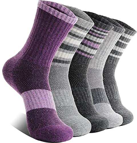 EBMORE Damen Merino Wollsocken Thermosocken Wandersocken Warmesocken Wintersocken Dick Wolle Sportsocken Arbeitssocken für Outdoor 5 Paar Geschenke(Streifen A Violett,M)