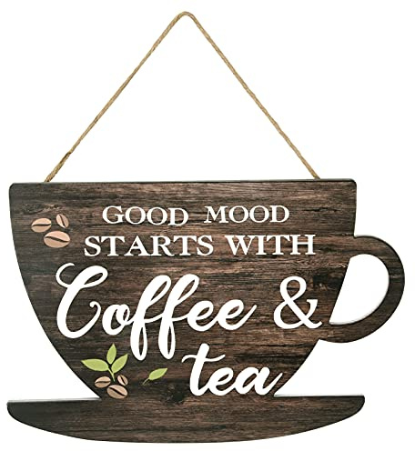 AUXSOUL Letrero de café con texto en inglés Good Moon Starts with Coffee & Te, placas colgantes para fotos de cocina, placa para colgar en la pared, letrero de madera, decoración de casa de campo