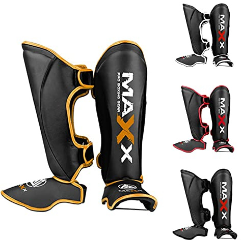 Boxing Shin Instep Pads MMA Leg Foot Guards Muay Thai Kick Boxing Pad (Black Gold, M)