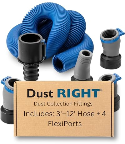 Dust Right Flexiport Power Tool Hose Kit - 3 To 12' Expandable Hose & 4 FlexiPorts - Lightweight Dust Collectors for Woodworking Power Tools - Collector Hose for Shop Vacuums, Table Saw & More