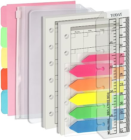 Harphia A7 6-Hole Binder Refill Value Set: 90-Sheet Monthly Plan Loose Leaf Paper with Stickers and Dividers, Planner Insert with Binder Pockets