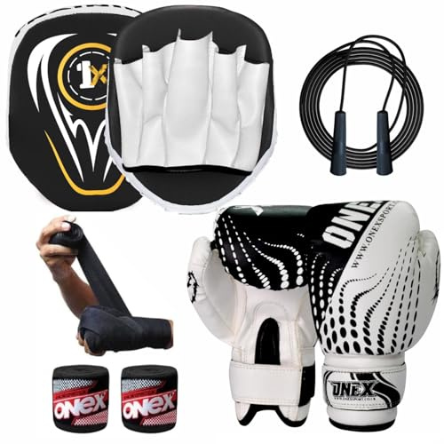 Boxing gloves and pads set Focus Punch Mitts MMA Training Sparring Hook and Jab strike Pads for Boys & Girls target with Punching Gloves (BLACK/WHITE SET)