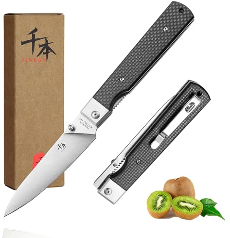 SENBON 440a Couteau de Camping Pliant en Acier Inoxydable Tranchant Japonais - Portable pour Voyage, Manche en Fibre de Carbone, Idéal pour Fruits