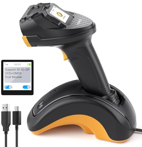 Inateck Barcode Scanner Bluetooth, 2D 1D Wireless Handheld Scanner, QR Code Scanner, mit Touchscreen und Smart Base, CMOS CCD Dual Module, Größere Reichweite, Unterstützt App SDK, P8