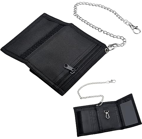 BRISKORE Geldbeutel Kinder Slim Schwarz Geldbörse Jungen Portmonee Kinder mit Kette Clip Reißverschluss Faltbare Dreifache Kinder Portemonnaie Kindergeldbeutel Jungs Wallet für Teenager Jungen Herren
