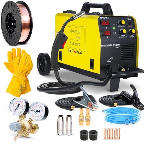 Magnum MIG MMA 170W - Saldatrice a Filo Continuo con Gas da 160A - Saldatrice Inverter Professionale con Telaio - Saldatura: MIG MAG, MMA, Flux Saldatura, Saldobrasatura - 2 Rulli - Set Basic