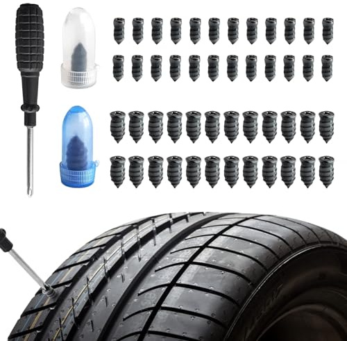ZQLR-Y 50Pcs Tyre Repair Kit Rubber Nails & Screwdriver, Car Tyre Puncture Repair Kit, Motorbike Puncture Repair Kit for Bike, Motorbike, Bicycle, Flat Tire Plug, Universal