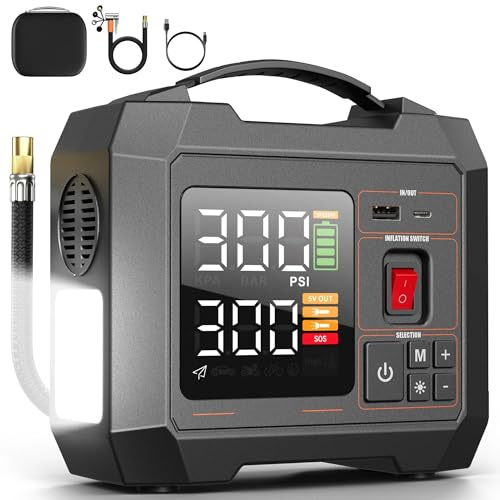 Inflador de neumáticos de coche, 300 PSI compresor de aire portátil, con pantalla digital y luz LED, adaptadores de boquilla, cable USB, para neumáticos de coche, bicicletas, botes de ramas