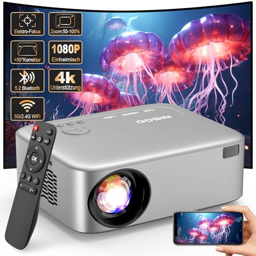 [Elektrischer Fokus] FRESHDEW Beamer, 5G WiFi Projektor mit Bluetooth Native 1080P Projektor,26000L LCD Technologie Heimkino Outdoor/Heimkino Video Projektor mit Stativ für iOS/Android/TV Stick