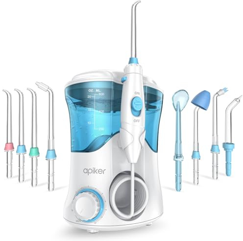 Apiker mundusch, elektrisk, munduschar med 8 multifunktionella munstycken och 10 olika tryck för munhygien, mellanrumsrengöring för familj och resor, oral Irrigator 600 ml (vit)