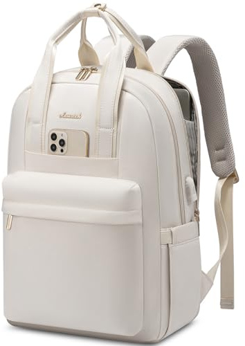 LOVEVOOK Ryggsäck dam, laptop skolryggsäck, tonåring, flicka med laptopfack, vattentät, dagväskor, reseryggsäck, elegant arbetsväska, skolväska för universitet, kontor, resor, Krämfärgad, 18 Zoll
