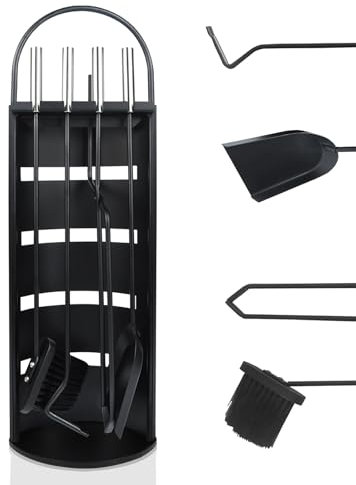 FIVMEN Set di posate per camino, 5 pezzi, colore nero, accessori per camino, con scopa, pala per cenere, grembiule, pinze e supporto per utensili da forno