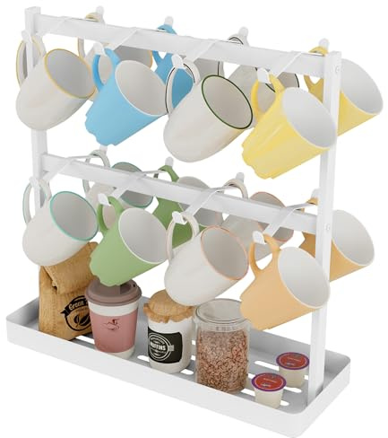 YUMORE Coffee Mug Holder Stand 16 Cup Hooks Countertop Mug Tree Rack White