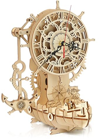 Hallisun 3D Wooden Puzzle for Adults, 3D Wooden Puzzle Clock Mechanical Model Kit, Wood DIY Clock Building Set with Pirate Ship, Vintage Construction Craft Set, DIY Christmas Birthday Gifts, 123 PCS