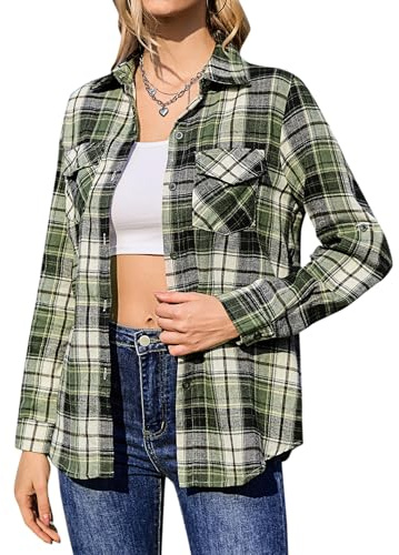 Aottori Dam rutig skjorta damer långärmad button-down casual flanell rutiga skjortor bas lös rutig blus topp, Svart grönt, XXL