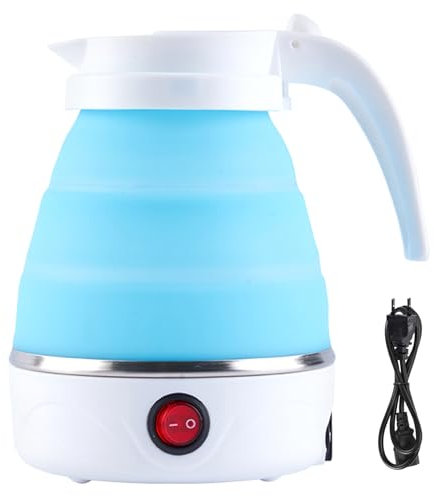 Faltbarer Wasserkocher 0.6L, Tragbarer Faltbarer Wasserkessel Reisewasserkocher Klein, 5 Minuten Schnelles Kochen Silikon Camping Wasserkocher Faltbar für Camping Reise Outdoor(Hellblau)