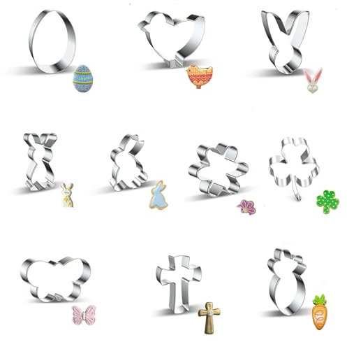 Easter Cookie Cutter Set, 10 Piece Stainless Steel Easter Bunny Cookie Cutters Easter Sandwich Cutter Clover Carrot Butterfly Egg Easter Cookie Cutter for Baking DIY