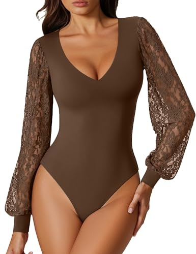 Avidlove Bodysuits for Women Sexy Lace Long Puff Sleeve Top Deep V Bodysuit Slim Fitted Tops Brown M