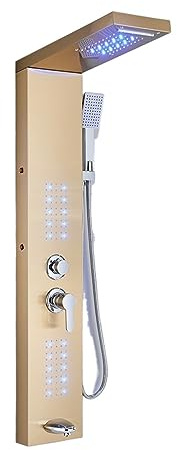 Shower Panel, Matte Black LED Shower Panel Waterfall Rain Shower Faucet Set SPA Massage Jet Bath Shower Column Double Handle Mixer Tap Tower(6002 Gold) LWX