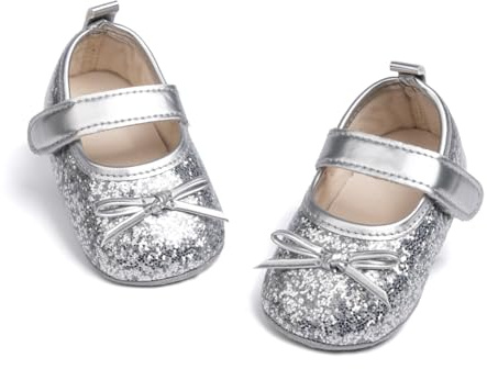 CENCIRILY Baby Girl Mary Jane Anti-Slip First Walking Dress Shoes | For 0-18 Months, Bow Decor, Synthetic Leather Upper, Soft Flexible Sole, Hook&Loop Strap, Ideal for Baptism Party
