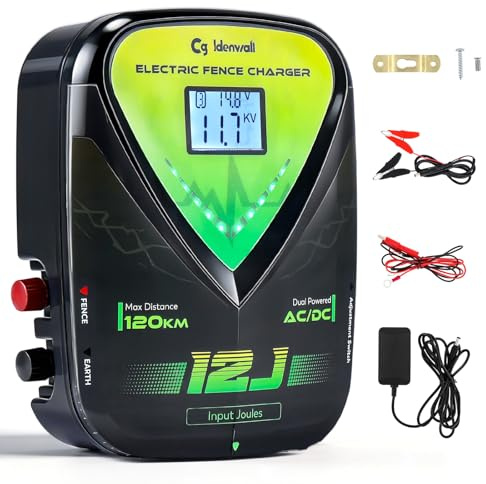 CGOLDENWALL 12J Pastor Eléctrico, AC/DC, 2 en 1 Controlador de Pulso para Cerca Eléctrica con 10KV Tensión de Pico, IPX6 Impermeable, 120KM Alcance para Ganado, Caballos, Pollame, Ranch & Jardín (12J)