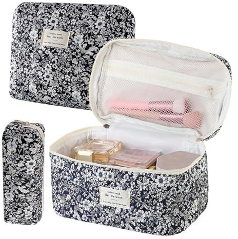 Borsa Per Trucco Trapuntata | 3 Pezzi in Cotone Trapuntato Floreale per Cosmetici Capienti | Necessaire per Ragazze - per Ragazza Scuola Casa Viaggio Bagno Hotel Pennelli Cura della Pelle