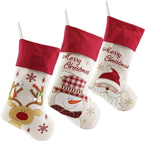 WEWILL 18'' Vintage Christmas Stockings Set of 3 Santa, Snowman, Reindeer, Xmas Character Large Christmas Stocking Hanging Tag Knit Border for Family Kids