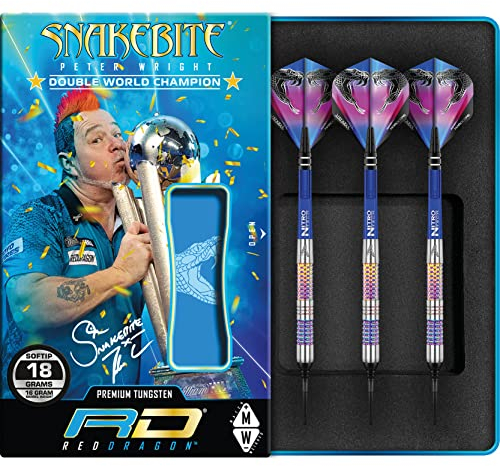 RED DRAGON Peter Wright Snakebite Rainbow Mamba Soft-Tip - 18g - 90% Tungsten Steel Dartpfeile mit Snakebite Flights, Schäfte Checkout Card