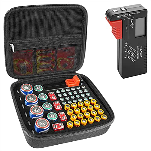 Linkidea Hartbatterie-Aufbewahrungsbehälter, Organizer-Box mit Tester BT-168, sicherer Trage-Batterie-Halter – hält 63 verschiedene Größen AA AAA 9V C D Batterien mit Batterietester
