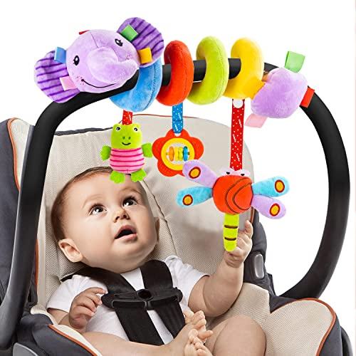 Funsland Jouets pour Poussettes, Jouet en Peluche Spirale D'activité Bébé, Siège Auto Jouets Doux de Bébé de Hochets, Jouet d'éveil Berceau Landau, Jouet Bebe Naissance Cadeaux 3 6 12 Mois, éléphants